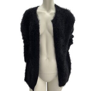 Black Fuzzy Open Front Mohair Look Oversized Cardigan Sweater Grunge Kurt Cobain